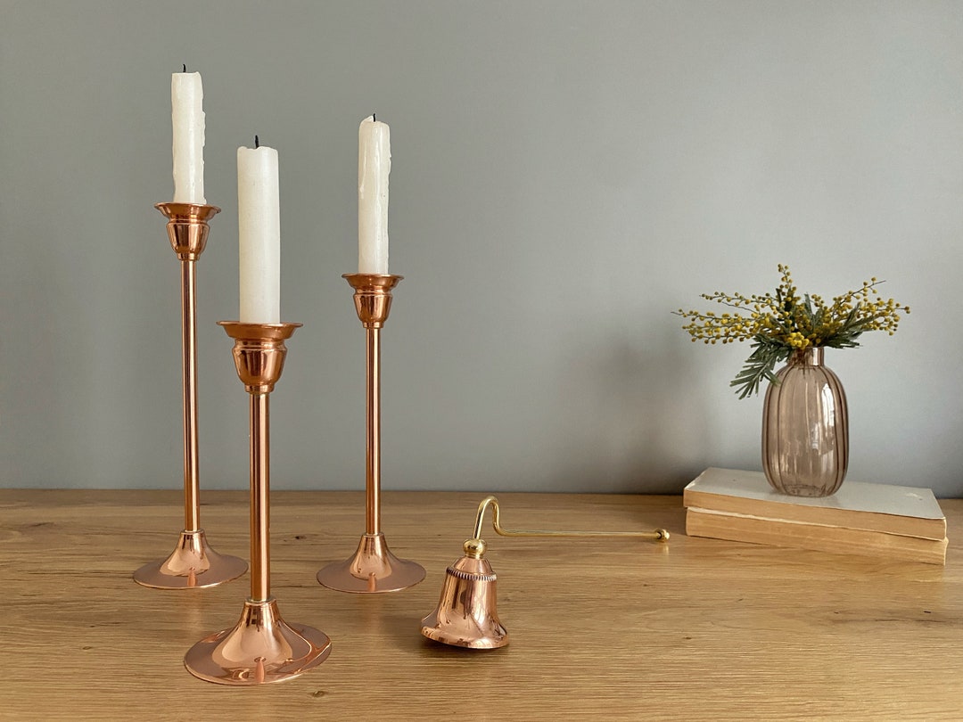 Set of 3 Taper Candle Holder and Snuffer,pure Copper 3 Candlestick