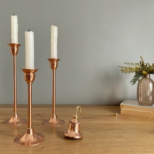 Set of 3 Taper Candle Holder and Snuffer,Pure Copper 3 Candlestick Holders and 1 Snuffer, Mid-Century Modern Candle Holder