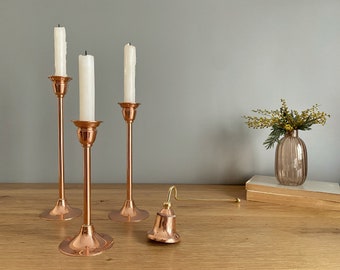 Set of 3 Taper Candle Holder and Snuffer,Pure Copper 3 Candlestick Holders and 1 Snuffer, Mid-Century Modern Candle Holder