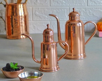 Copper Olive Oil Dispenser&2 pcs Dipping Bowl Set, Copper Olive Oil Bottle Oil Cruet Copper Sauce Bowl Cooking Gift Copper Kitchen Decor