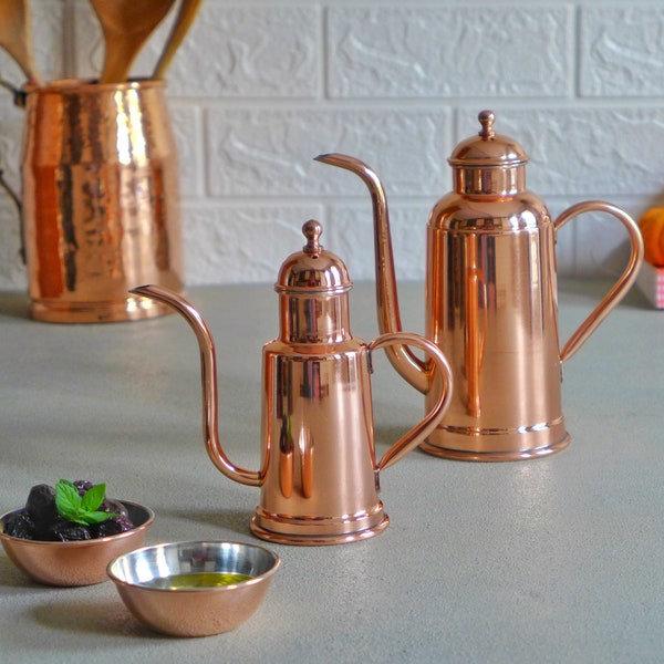 Copper Olive Oil Dispenser&2 pcs Dipping Bowl Set, Copper Olive Oil Bottle Oil Cruet Copper Sauce Bowl Cooking Gift Copper Kitchen Decor