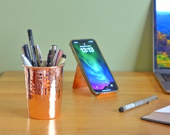 Personalized Hand Hammered Copper Desk Set: Pen Holder & Phone Stand