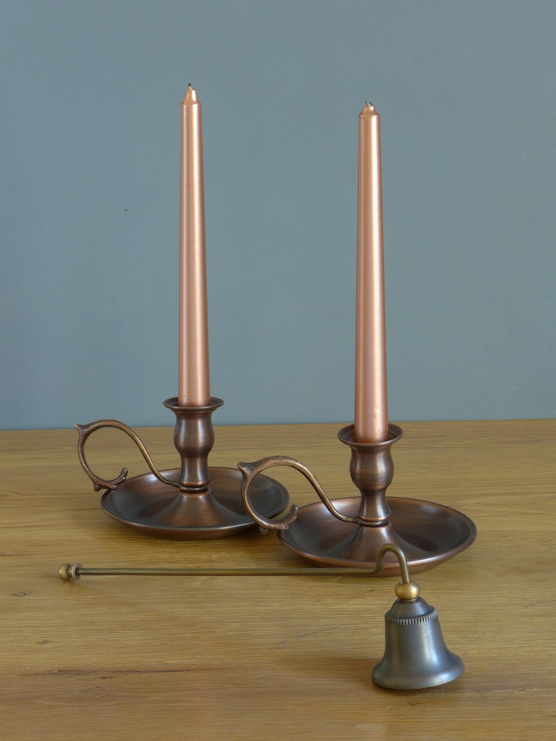 Set of 3 Copper Candlestick Holders & Candle Snuffer Solid Etsy