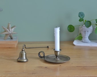 Antique Brass Candle Holder Set with Snuffer: Chamberstick Style