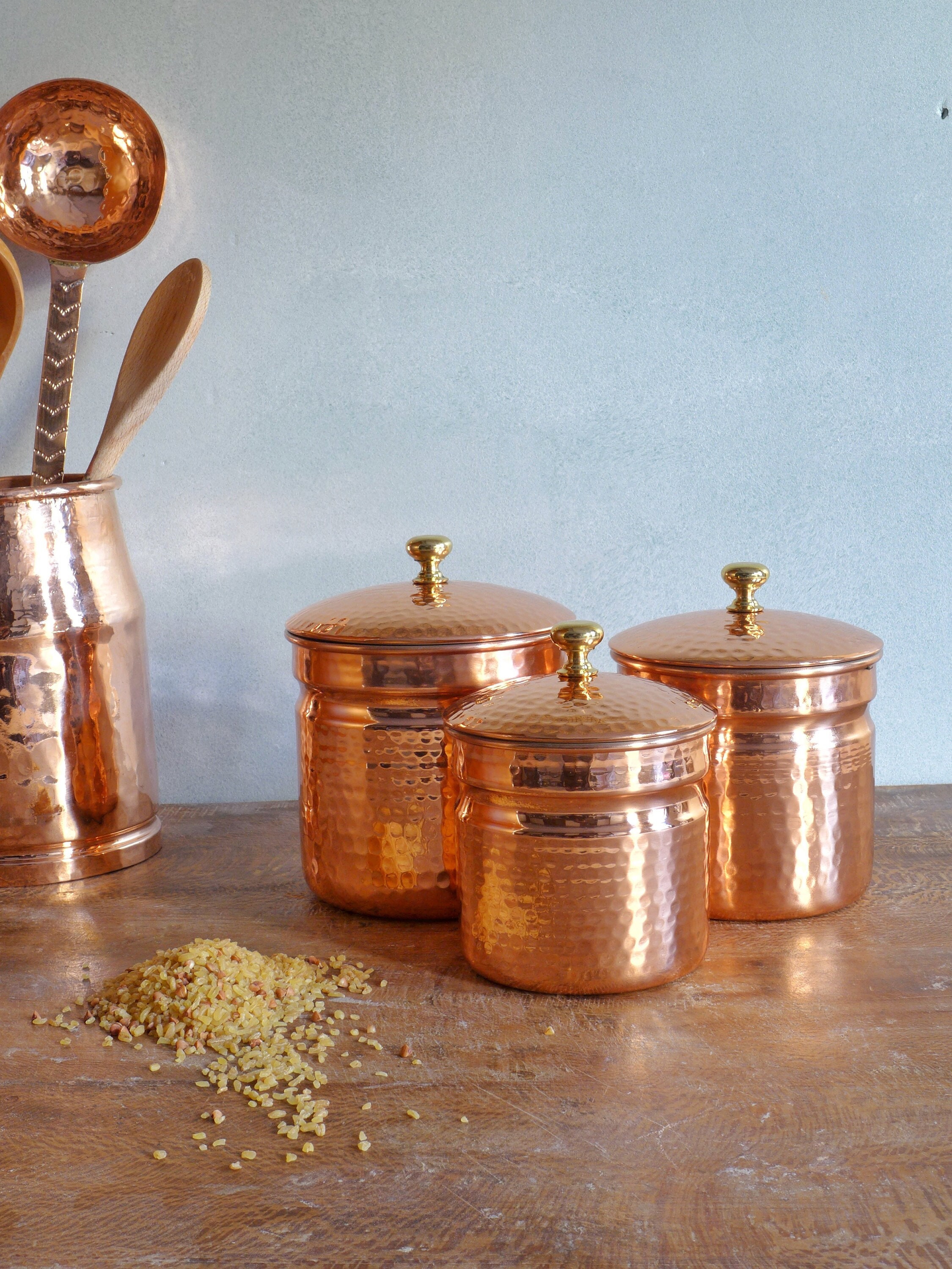 Pure Copper Kitchen Canisters, Set of 3, Sugar Coffee Tea