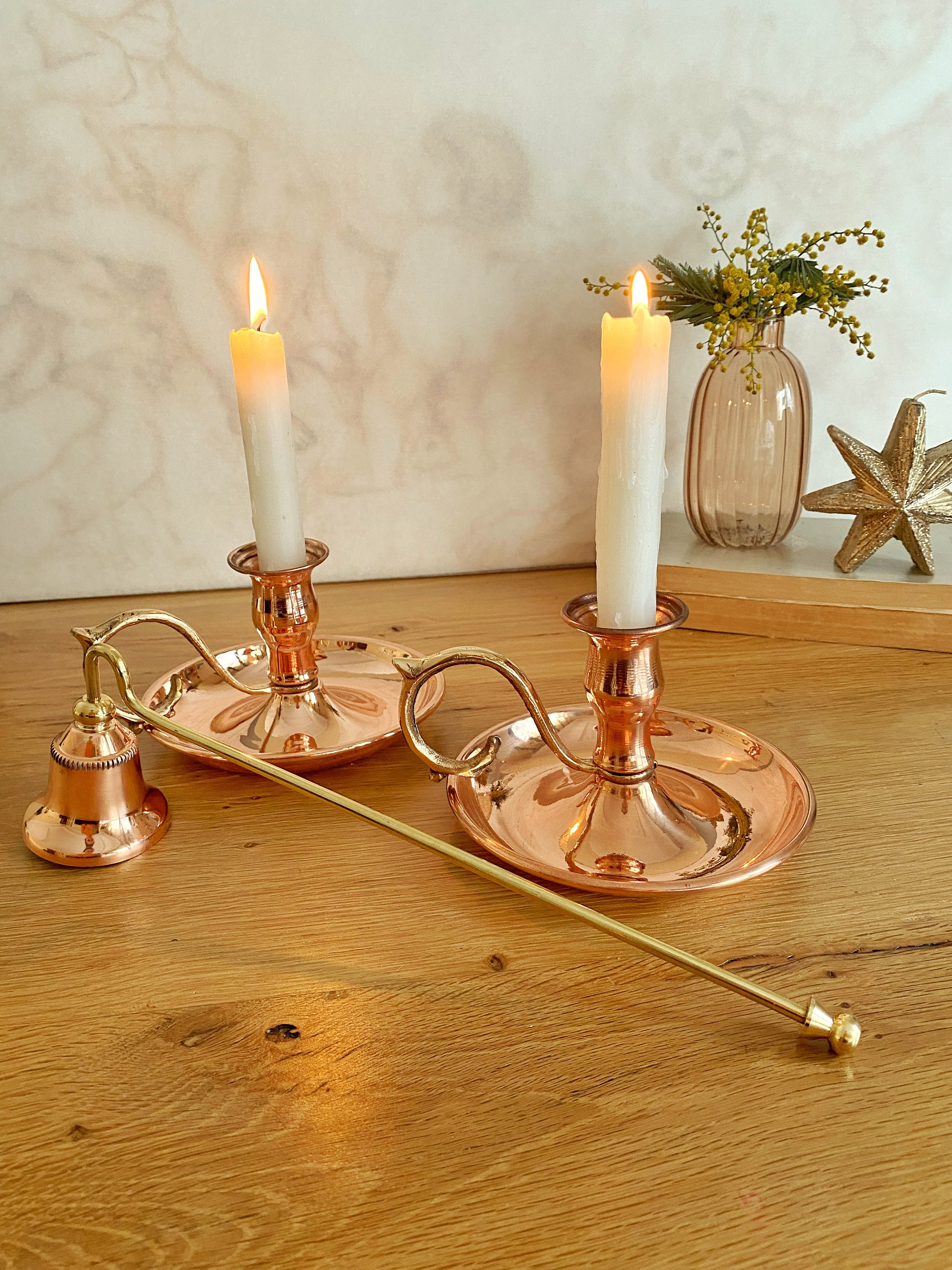 Set of 3 Copper Candlestick Holders & Candle Snuffer, Solid