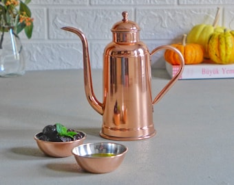 Copper Olive Oil Dispenser Set: Cruet and Dipping Bowls, Kitchen Decor