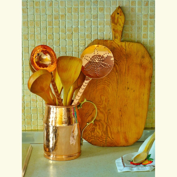 Soporte de utensilios de cocina de cobre para encimera, soporte de utensilios grande, utensilios de cocina, tarro de utensilios de granja, utensilios de cocina de cobre, regalo de cocina
