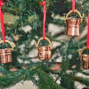 Set of 4 Copper Christmas Ornaments: Miniature Bucket Xmas Decor