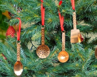 Copper Kitchen Utensil Christmas Ornaments: Miniature Xmas Tree Decor Set of 5