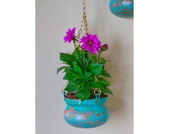 Green Patina Copper Hanging Planter: Handmade Turkish Plant Pot