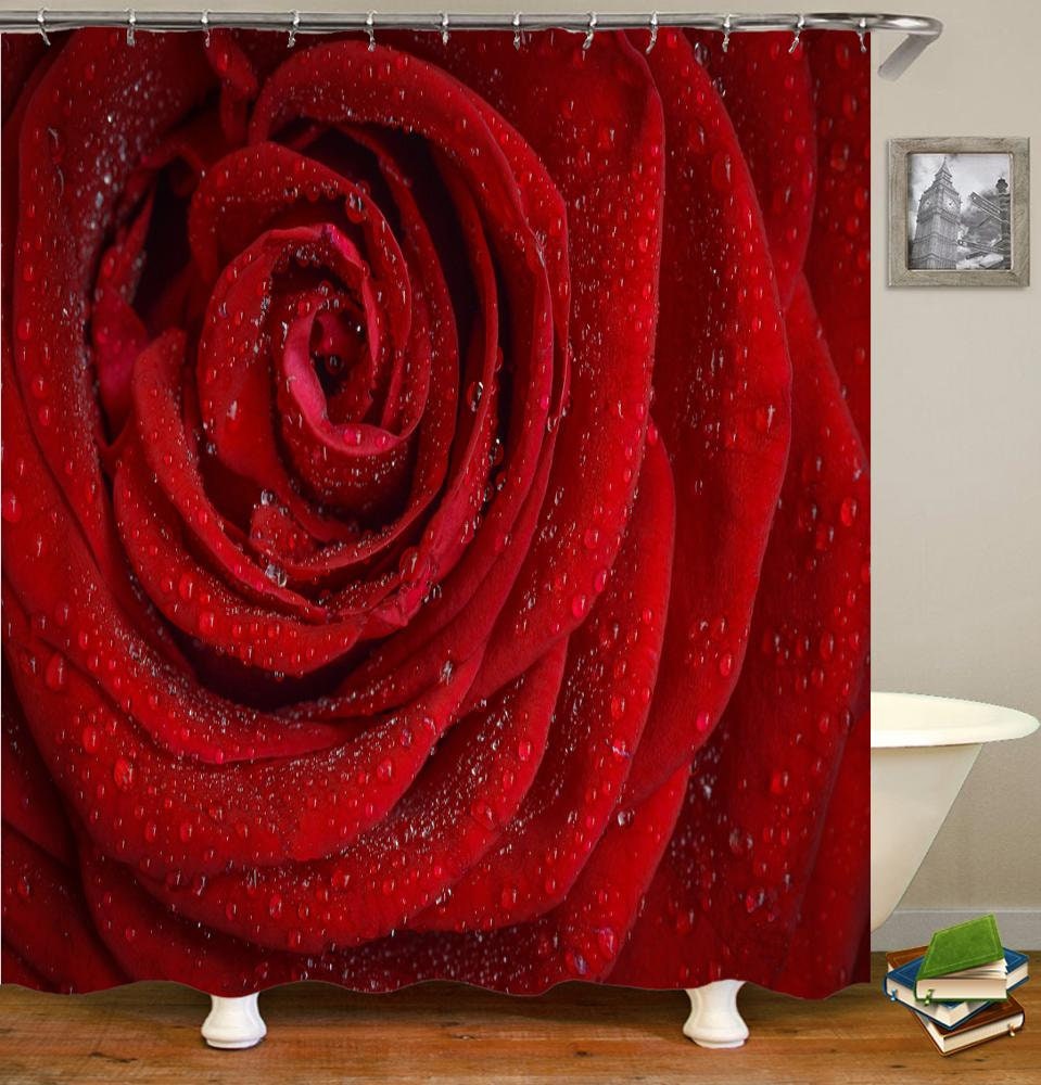 Immense Rose Rouge à Goutte d'eau Imprimé sur Rideau de Bain 180x180 Neuf Sous Emballage avec Étique