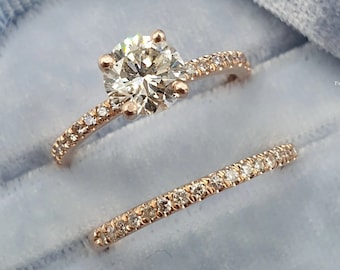 14K Solid Gold Ring Round Moissanite Engagement Ring Set Bridal Ring Set High Quality Wedding Ring Set Stacking Ring Round Cut Promise Ring