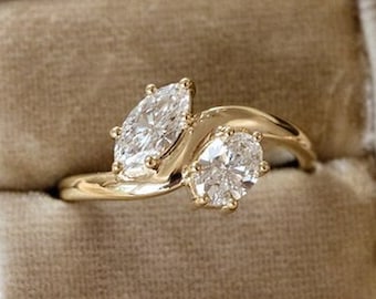 Toi Et Moi Engagement Ring 14K Yellow Gold Ring Oval and Marquise Cut Moissanite Ring Two Stone Wedding Ring Gift for Women Promise Ring