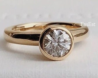 Massiver Goldring 14K, Runde Lünette Moissanite Verlobungsring, Solitärring, Ehering, Ring im Brilliantschliff, zierlicher Versprechen Lünette Ring.