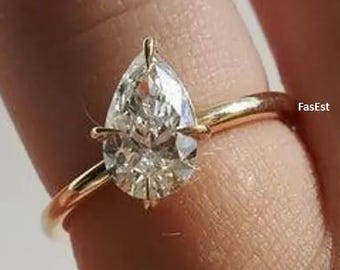 Pear Shape Diamond Engagement Ring, Solitaire Moissanite Ring, Proposal Ring for Her, Anniversary Gift, Unique Bridal Jewelry