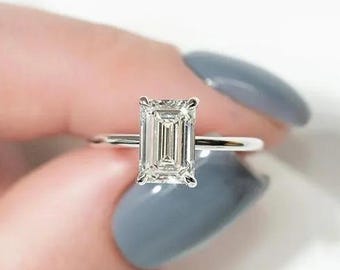 Emerald Cut Moissanite Engagement Ring 14K White Gold Solitaire Diamond Ring, Anniversary Proposal Ring, Gift for Her, Dainty Bridal Jewelry