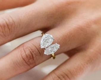 Toi Et Moi Verlobungsring 14K Gelbgold Ring Birne und Moissanite Ring Zwei Stein Ehering Versprechen Ring Geschenk für Sie