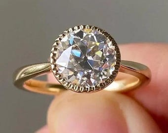 Round Cut Moissanite Engagement Ring, 14 Yellow Gold Ring, Bezel Set Ring, Milgrain Ring, Solitaire Ring, Bridal Jewelry, Anniversary Gifts