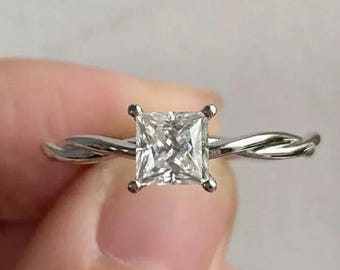 2CT Princess Cut Moissanite Engagement Ring | 14k White Gold Ring | Twisted Band Ring | Solitaire Ring | Wedding Ring | Promise Ring for Her