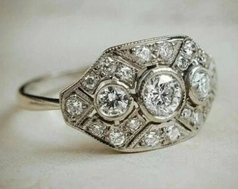 Round Cut Moissanite Diamond Ring Art Deco Ring Three Stone handmade Edwardian Ring Vintage Ring Engagement Ring Mid Century Ring For Women