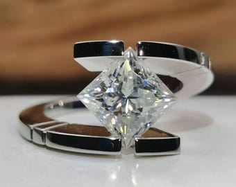 Princess Cut Moissanite Engagement Ring, Bypass Solitaire Silver Ring, 14K White Gold Wedding Ring, Unique Bridal Platinum Proposal Her Ring