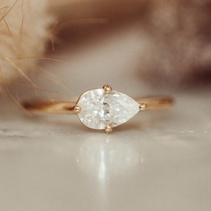 Anel de noivado de moissanita de pêra de 2 CT, anel de ouro maciço 14K, anel leste-oeste, anel de casamento com corte de pêra, presente de aniversário, anel de promessa, anel de noivado de pêra