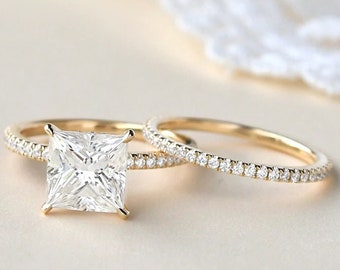 Princess Moissanite Engagement Ring Set 14K Solid Gold Ring Anniversary Ring Set Wedding Ring Set Bridal Ring Set Gift for Her Promise Ring