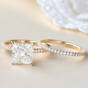 Princess Moissanite Engagement Ring Set 14K Solid Gold Ring Anniversary Ring Set Wedding Ring Set Bridal Ring Set Gift for Her Promise Ring