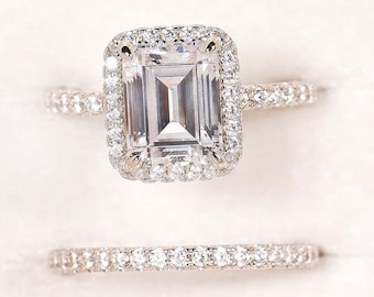 14K Solid Gold Ring 2.5 CT Emerald Cut Moissanite Engagement Ring Bridal Ring Set Emerald Wedding Ring Set Emerald Cut Anniversary Ring Set