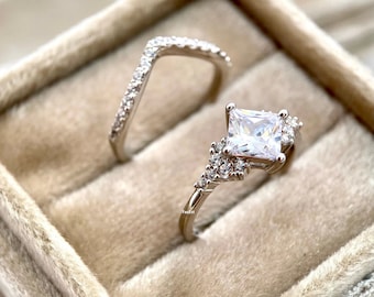 2.5 CT Vintage Princess White Engagement Ring Set Matching Wedding Ring Anniversary Ring Silver Diamond Promise Ring Birthday Gift for Her