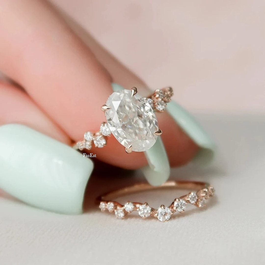 2 CT Oval Cut Moissanite Engagement Ring Set 14K Solid Gold Ring Set ...
