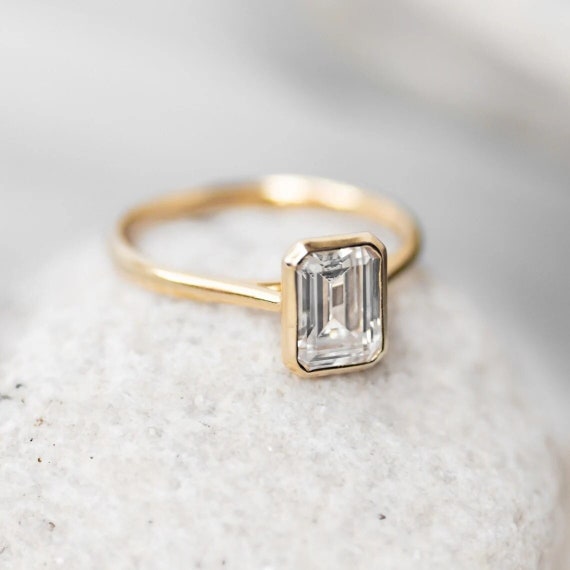 1.5 CT Emerald Cut Bezel Setting Yellow Gold Lab Diamond Etsy