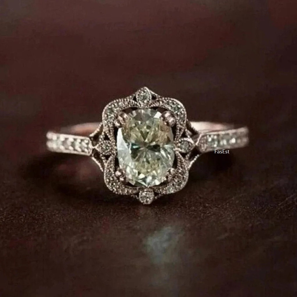 Vintage Wedding Ring, 14K Rose Gold Ring, 2 CT Oval Cut Moissanite Engagement Ring, Milgrain Ring, Antique Vintage Art Deco Diamond Ring