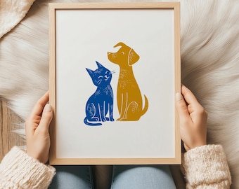 Cat and Dog Print: Screenprint Style Animal Illustration (Digital Download)