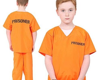 Childrens Prisoner Convict Costume - Kids Unisex Orange Convict Fancy Dress Costume (7-9 years size)