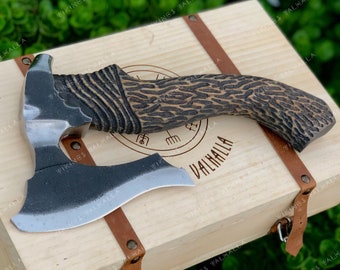 Viking Hand Forged Carbon Steel Camping Hatchet axe with personalized Wooden box, Gift for men/women on anniversary, birthday, and Christmas