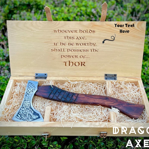 Dragon Axe with Personalized Engraved Wooden box Best Gift Box for Men / Women, Gift for Anniversary, birthday, and Christmas, Viking ax