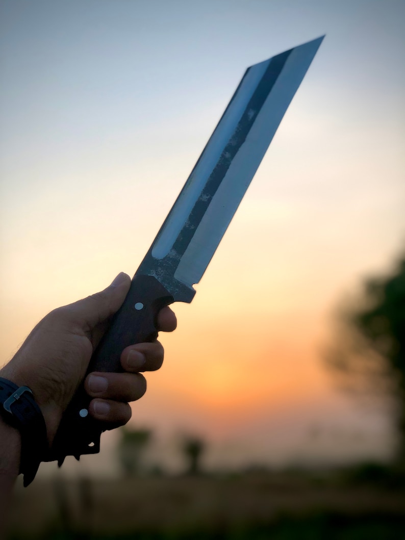K&ouml;nnte beinhalten: Eine Person h&auml;lt ein gro&szlig;es Messer mit schwarzem Griff und silberner Klinge. Das Messer wird gegen einen Sonnenuntergangshimmel gehalten.