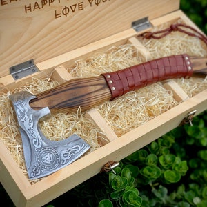 Functional Sharp Viking Axe with Personalized Engraved Wooden Box Gift for Men/Women on Wedding, Anniversary, Birthday, Groomsmen
