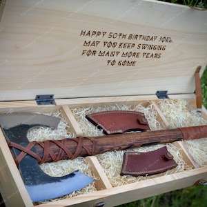 Double head hand forged Viking functional axe, Personalized Engraved Wooden Box, Gift for men, women on wedding, Christmas or Groomsmen Gift