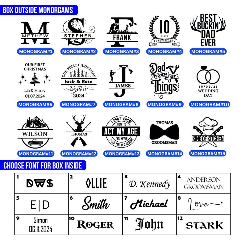 May include: A chart with 15 different monogram designs for a box. The designs include names, dates, and phrases like "Best Buckin' Dad Ever" and "King of Kitchen". Below the chart is a grid with 12 different font options for the box.