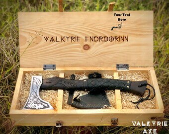 Valkyrie axe with Personalized Engraved wooden Box, Hand Forged Scandinavian Axe, Hatchet Bearded Battle axe, Christmas Gift for Men/Women