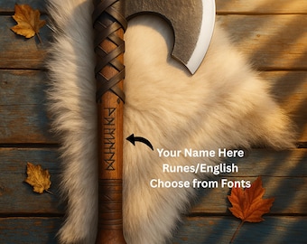 May include: A handcrafted axe with a dark metal blade and a wooden handle wrapped in brown leather. The handle features engraved runes. The axe rests on a white fur surface with autumn leaves, set against a rustic wooden background.