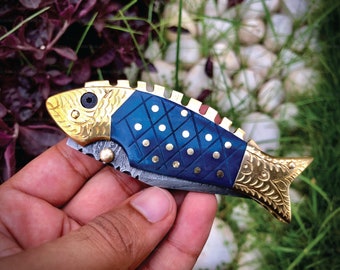 Fishing and Hunting Damascus Pocket Knife with amazing and beautiful Fish Shape look, Gift for Him | Her for next camping adventure