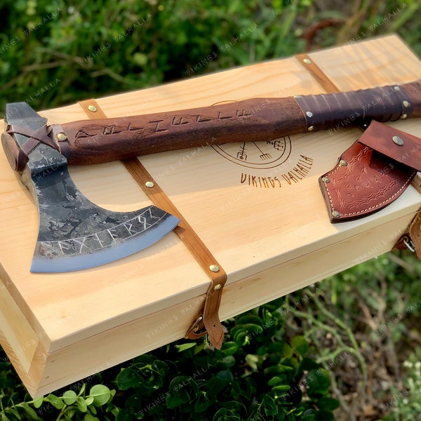 Viking Axe with Custom Personalized Wooden Box, Usable Sharp Edge Hand Forged Gift for Men, Women on Anniversary, Groomsmen Gift on Wedding