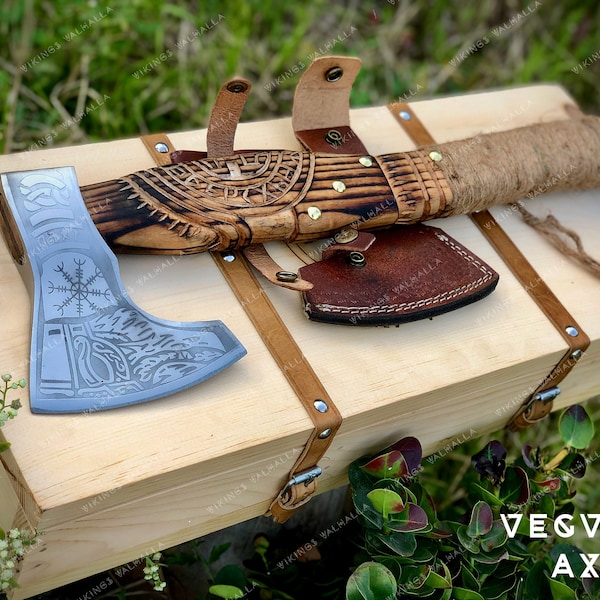 Vegvisir Viking axe, Gift for Men/Women for Wedding Anniversary, Birthday | Custom Engraved Text wooden box, Bushcraft throwing Odin Axe