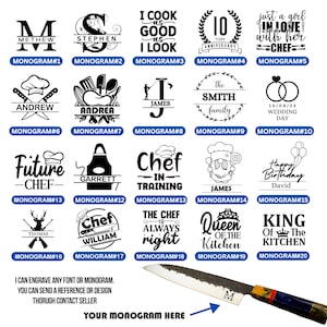 Pu&ograve; includere: Una collezione di 20 diversi design di monogrammi per articoli da cucina. I design presentano vari temi, tra cui cappelli da chef, grembiuli e fedi nuziali. Il testo "Posso incidere qualsiasi font o monogramma. Puoi inviare un riferimento o un design tramite il venditore di contatto" &egrave; incluso nella parte inferiore dell'immagine.