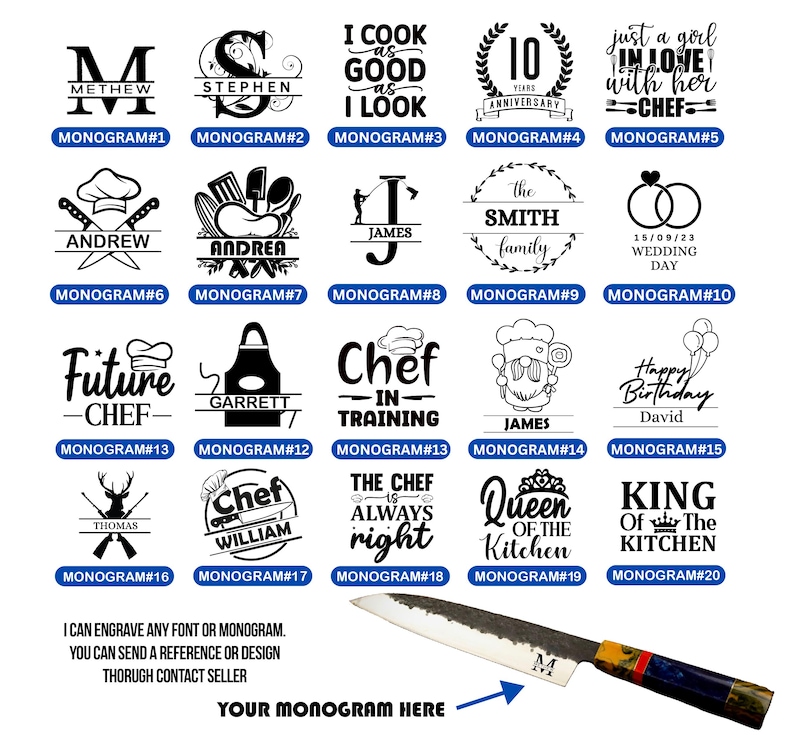 Pu&ograve; includere: Una collezione di 20 diversi design di monogrammi per articoli da cucina. I design presentano vari temi, tra cui cappelli da chef, grembiuli e fedi nuziali. Il testo "Posso incidere qualsiasi font o monogramma. Puoi inviare un riferimento o un design tramite il venditore di contatto" &egrave; incluso nella parte inferiore dell'immagine.