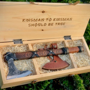 Handmade axe for camping, hunting, and bushcraft with personalized wooden box gift for engagement wedding, anniversary or groomsmen proposal